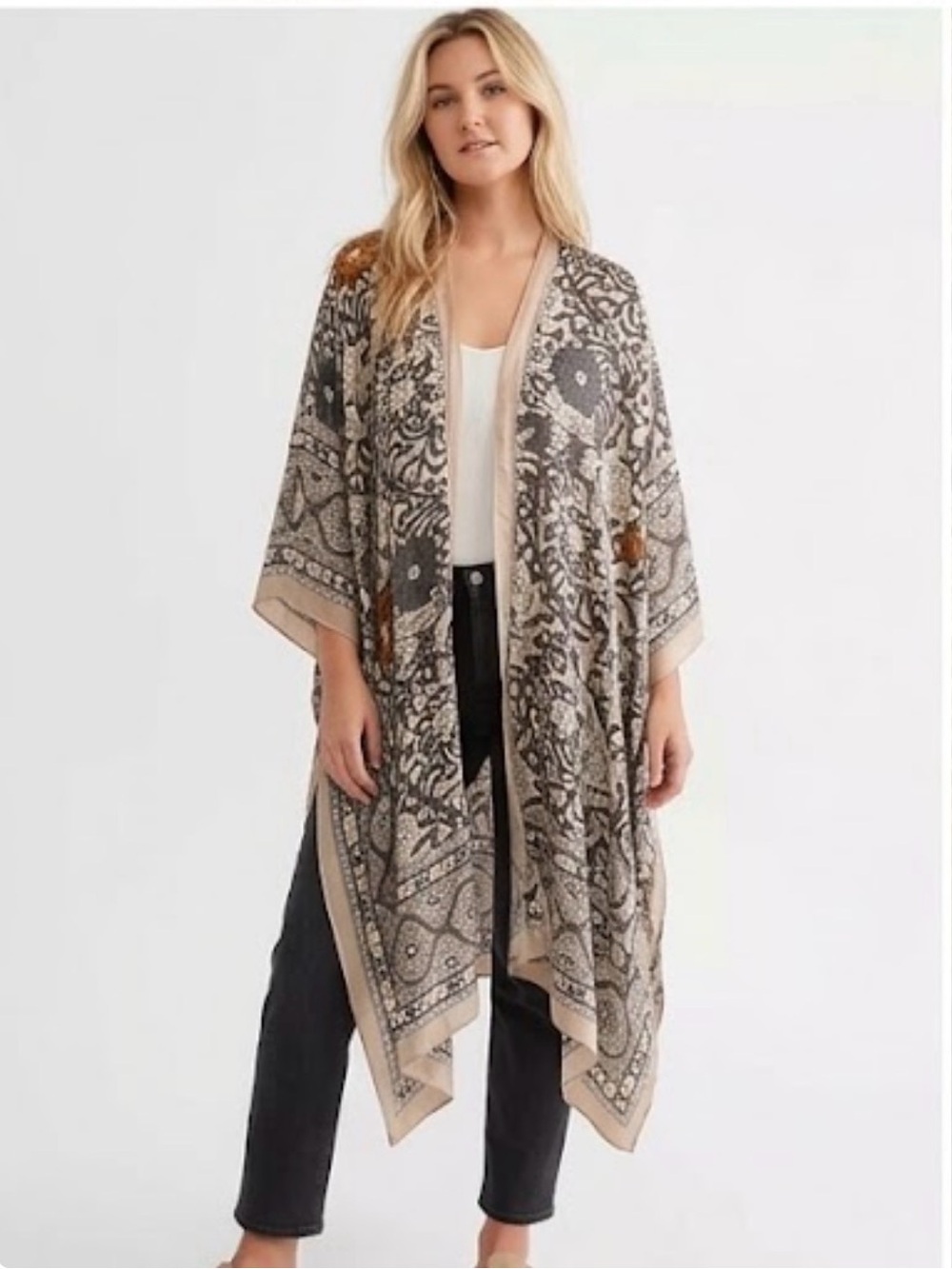 IFree People Magic Dance Border Print Kimono Duster Wrap OS Boho Whimsigoth